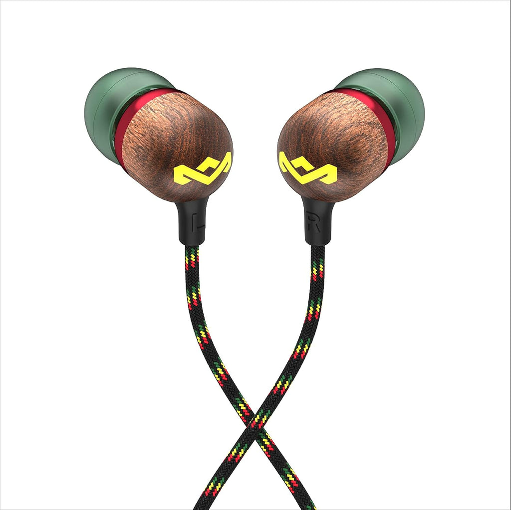 House of  Smile Jamaica Wired: Wired Earphones with Microphone, Noise Isolating Design, and Sustainable Materials (Rasta)