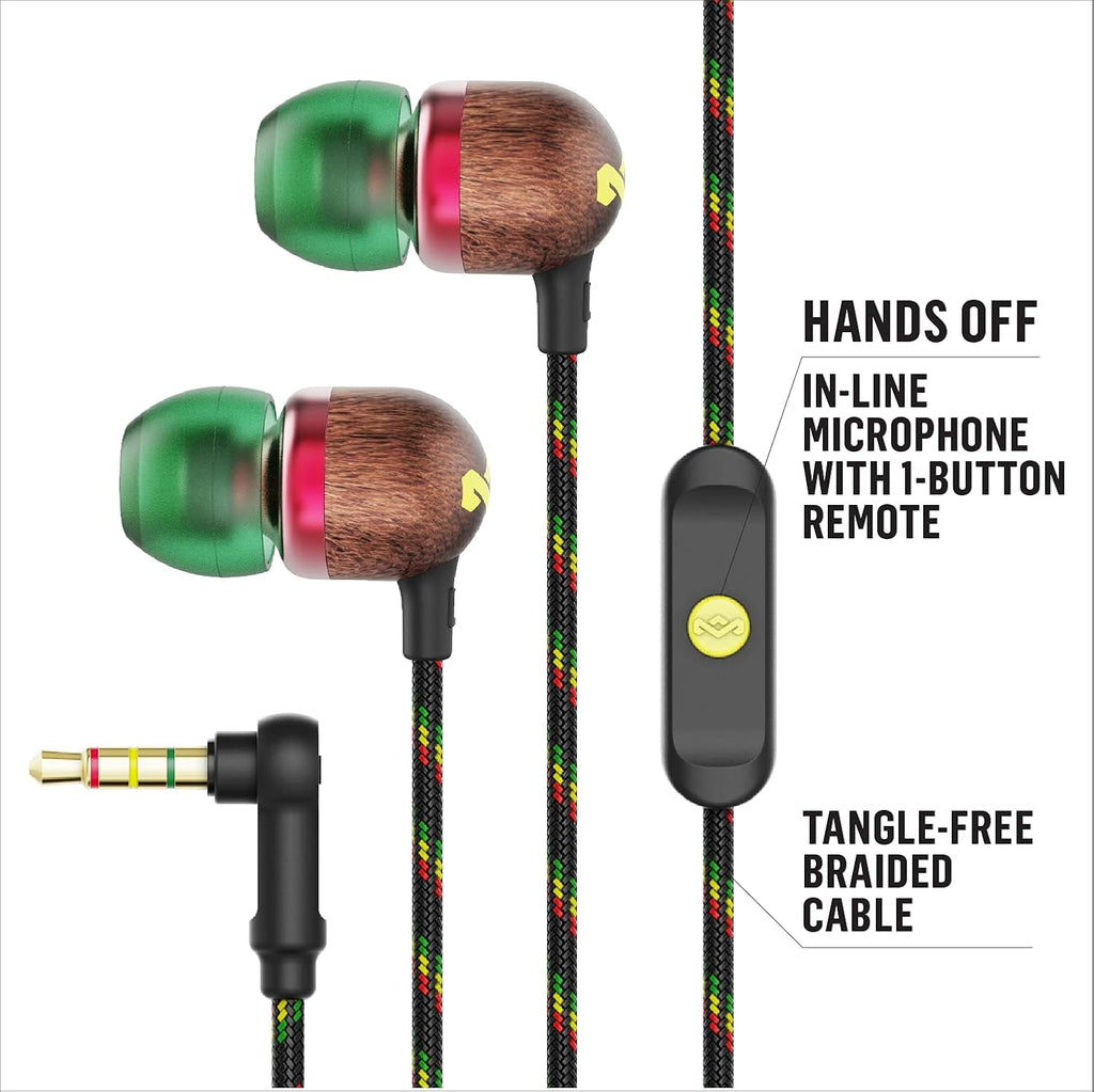 House of  Smile Jamaica Wired: Wired Earphones with Microphone, Noise Isolating Design, and Sustainable Materials (Rasta)
